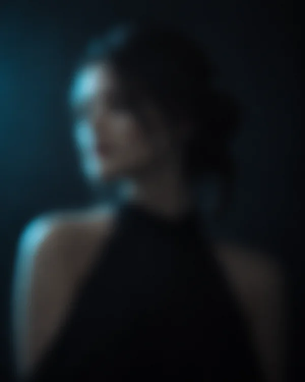 A heavily blurred portrait of a woman in cyan sidelight