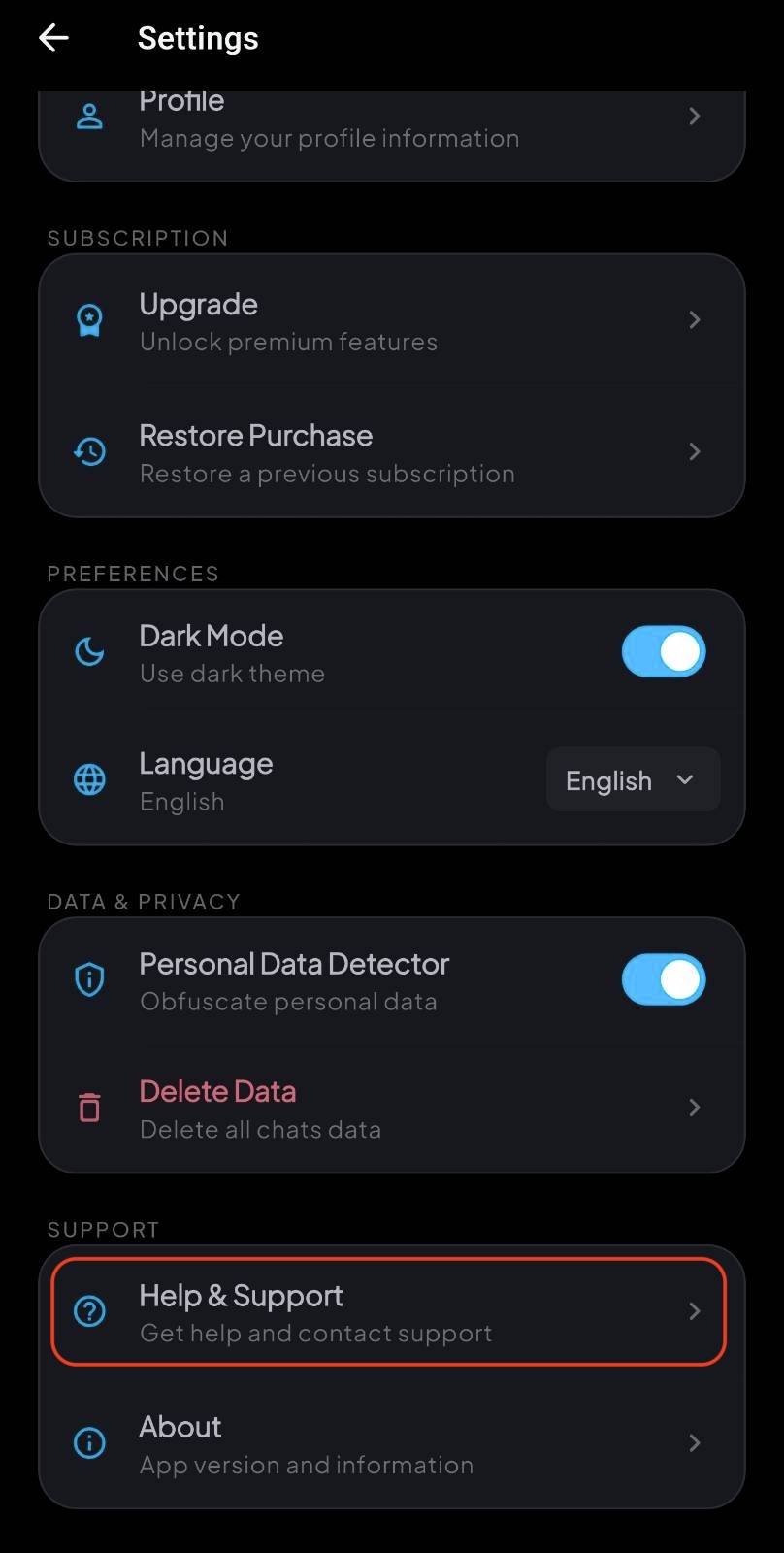 EnigmaAI Settings screen with the Help & Support row highlighted under the Support section